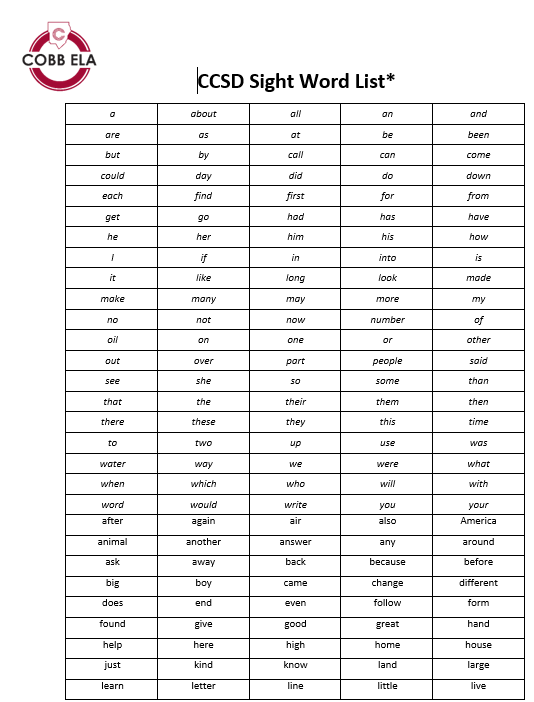 kindergarten sight words list nevada